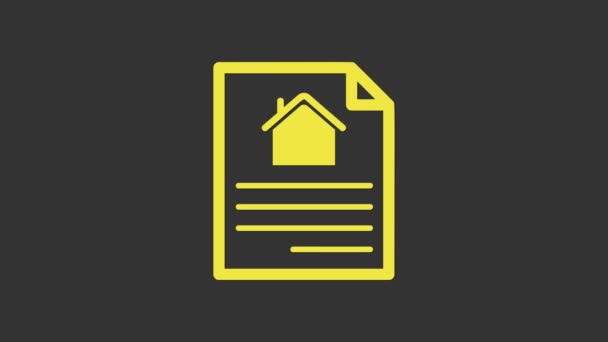 Yellow House szerződés ikon elszigetelt szürke háttér. Szerződéskötési szolgáltatás, dokumentumkészítés, igénylőlap-összetétel. 4K Videó mozgás grafikus animáció - Felvétel, videó
