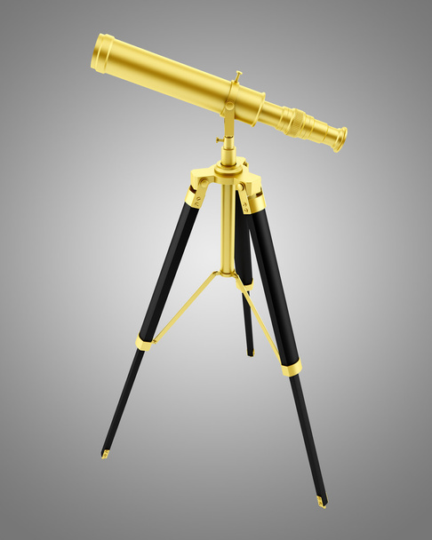 telescopio dorado sobre trípode aislado sobre fondo gris
 - Foto, Imagen
