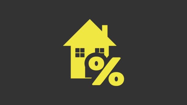 グレーの背景に割引タグのアイコンがある黄色の家。住宅価格に署名します。不動産屋だ。信用率記号。4Kビデオモーショングラフィックアニメーション - 映像、動画