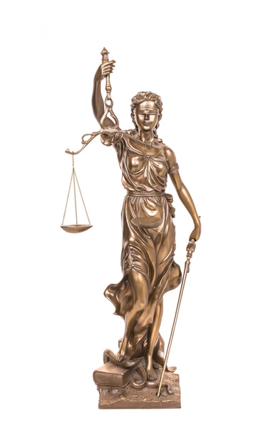 Estatua de la justicia aislada sobre blanco, concepto de derecho - Foto, imagen
