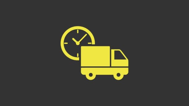 Yellow Logistics entrega caminhão e ícone do relógio isolado no fundo cinza. Ícone do prazo de entrega. Animação gráfica em movimento de vídeo 4K - Filmagem, Vídeo