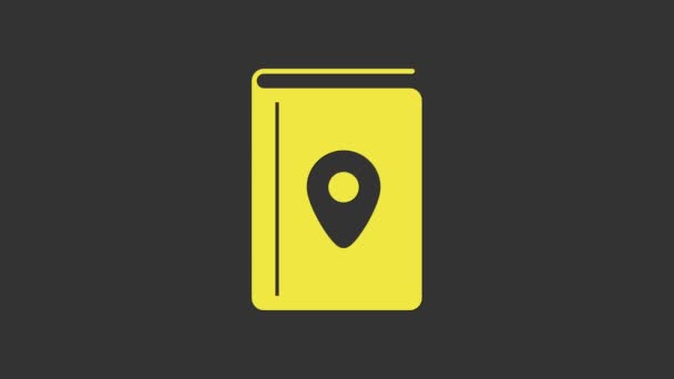 Livre couverture jaune icône de guide de voyage isolé sur fond gris. Animation graphique de mouvement vidéo 4K - Séquence, vidéo