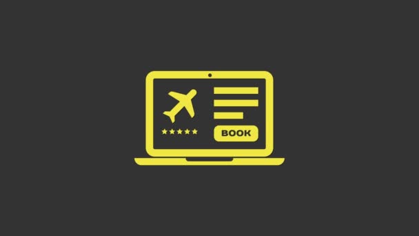 Ordinateur portable jaune avec carte d'embarquement électronique icône de billet d'avion isolé sur fond gris. Billet d'avion passager mobile pour le web et l'application. Animation graphique de mouvement vidéo 4K - Séquence, vidéo