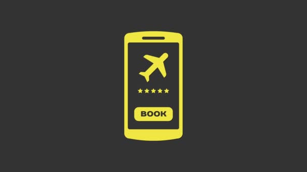 Gele Smartphone met elektronische instapkaart ticket pictogram geïsoleerd op grijze achtergrond. Passagiersvliegtuig mobiel ticket voor web en app. 4K Video motion grafische animatie - Video