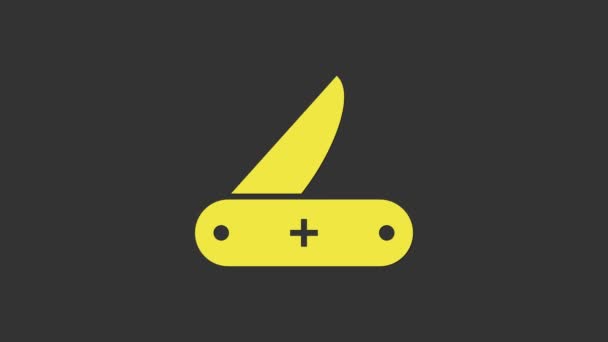 Κίτρινη ελβετική εικόνα μαχαιριού απομονωμένη σε γκρι φόντο. Μαχαίρι πολλαπλών εργαλείων, πολλαπλών χρήσεων. Πολυλειτουργικό εργαλείο. 4K Γραφική κίνηση κίνησης βίντεο - Πλάνα, βίντεο