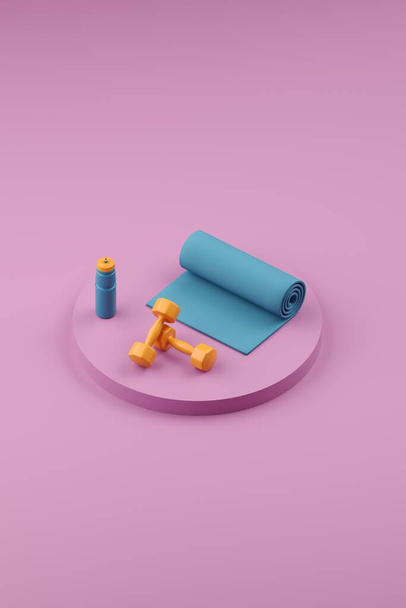3d render. Abstract color minimalistic background design. Womens dumbbells for strength training, a yoga mat and a flask in the gym. - Fotografie, Obrázek