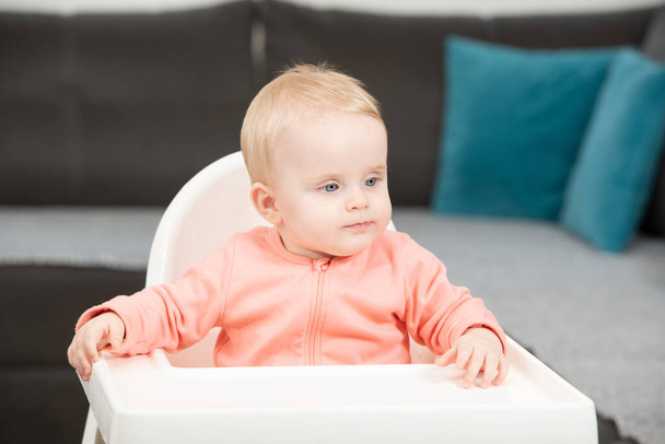 Portrait of a Joyful Baby Sitting on a High Chair - 写真・画像