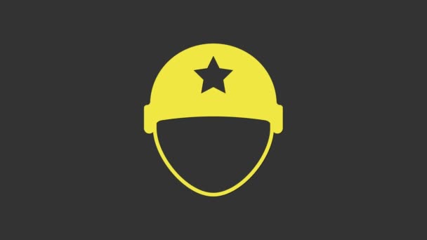 Icona casco militare giallo isolato su sfondo grigio. Cappello militare simbolo di difesa e protezione. Cappello protettivo. Animazione grafica 4K Video motion - Filmati, video