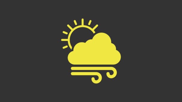 Icono amarillo del clima ventoso aislado sobre fondo gris. Nube con sol y viento. Animación gráfica de vídeo 4K - Metraje, vídeo
