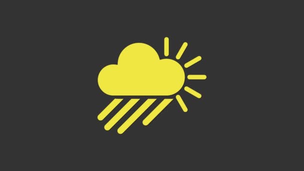 Yellow Cloudy met regen en zon pictogram geïsoleerd op grijze achtergrond. Regenwolk neerslag met regendruppels. 4K Video motion grafische animatie - Video
