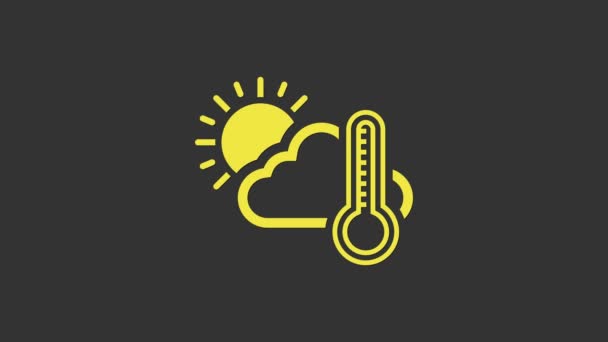 Žlutý teploměr a mrak s ikonou slunce izolované na šedém pozadí. Grafická animace pohybu videa 4K - Záběry, video