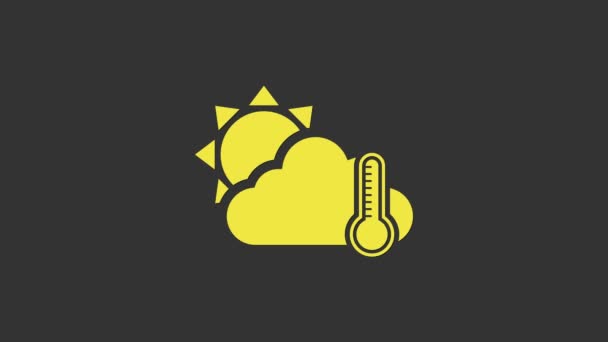 Gelbes Thermometer und Wolke mit Sonnensymbol auf grauem Hintergrund. 4K Video Motion Grafik Animation - Filmmaterial, Video