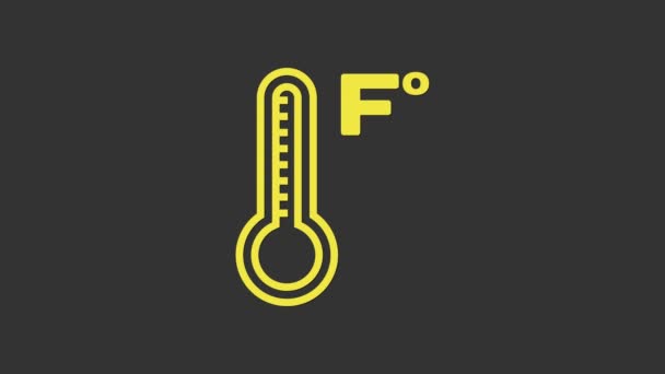 Keltainen Meteorologian lämpömittari, joka mittaa lämpöä ja harmaalla pohjalla eristettyä kylmää ikonia. Lämpötila Fahrenheit. 4K Video motion graafinen animaatio - Materiaali, video