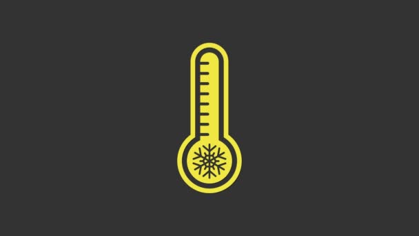 Keltainen Meteorologian lämpömittari, joka mittaa lämpöä ja harmaalla pohjalla eristettyä kylmää ikonia. Lämpömittarilaitteet, joissa näkyy kuuma tai kylmä sää. 4K Video motion graafinen animaatio - Materiaali, video