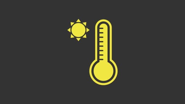 Termómetro de meteorología amarilla que mide el calor y el frío icono aislado sobre fondo gris. Equipo de termómetro que muestra clima caliente o frío. Animación gráfica de vídeo 4K - Metraje, vídeo