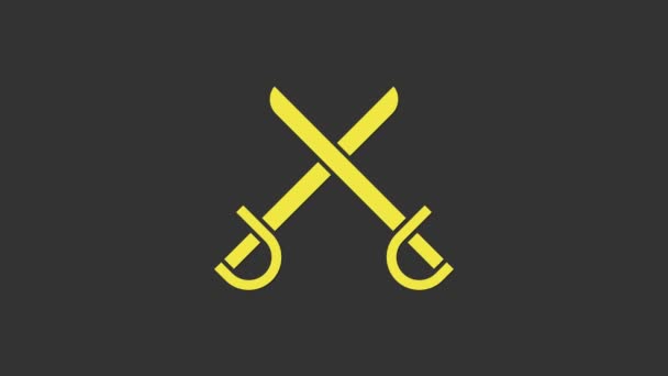 Icône d'épée pirate croisée jaune isolée sur fond gris. Signature Sabre. Animation graphique de mouvement vidéo 4K - Séquence, vidéo