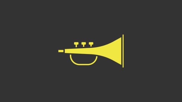 Icono de trompeta instrumento musical amarillo aislado sobre fondo gris. Animación gráfica de vídeo 4K - Metraje, vídeo