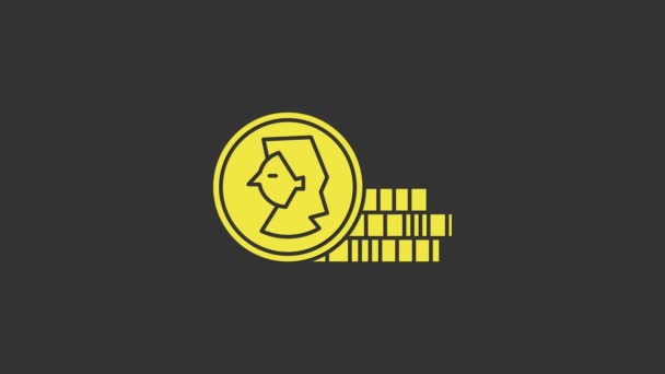 Желтая монета для значка игры выделена на сером фоне. Видеографическая анимация 4K - Кадры, видео