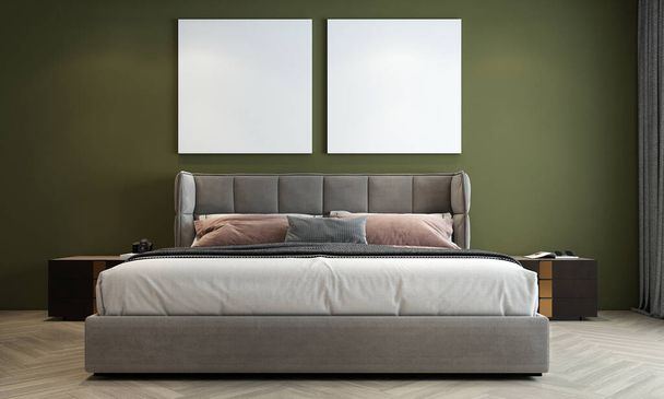 Boş yeşil duvar desenli arka planda, yatak odasının iç tasarımı ve branda çerçeve 3D - Fotoğraf, Görsel