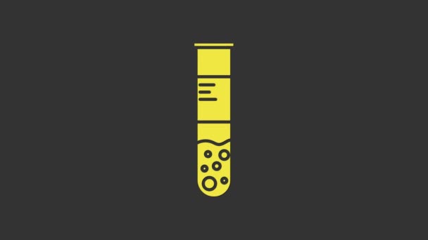 Ícone de teste químico amarelo do tubo de ensaio e do frasco isolado no fundo cinzento. Sinal de vidro de laboratório. Animação gráfica em movimento de vídeo 4K - Filmagem, Vídeo