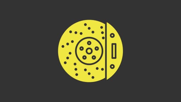 Žlutý brzdový kotouč s ikonou kaliperu izolovaný na šedém pozadí. Grafická animace pohybu videa 4K - Záběry, video