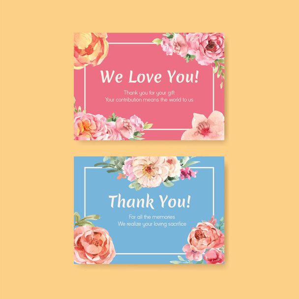Thank you card template with love blooming concept design watercolor vector illustratio - Vector, Image