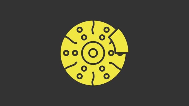 Κίτρινος δίσκος φρένων αυτοκινήτων με το εικονίδιο διαμετρήματος που απομονώνεται στο γκρίζο υπόβαθρο. 4K Γραφική κίνηση κίνησης βίντεο - Πλάνα, βίντεο
