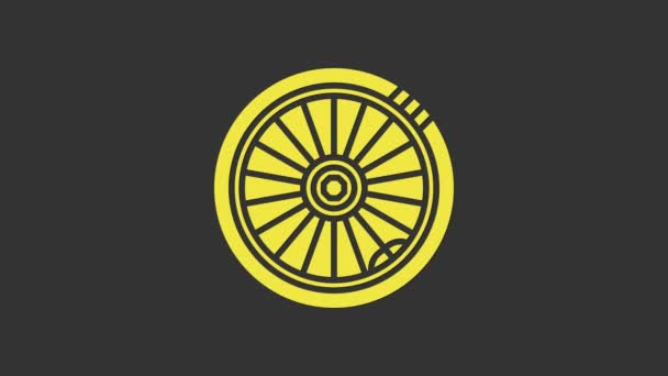 Icono de rueda de coche amarillo aislado sobre fondo gris. Animación gráfica de vídeo 4K - Metraje, vídeo