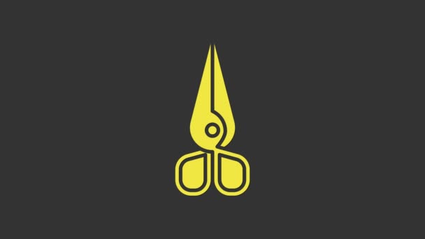 Ikona żółtych nożyczek odizolowana na szarym tle. Znak narzędzia tnącego. 4K Animacja graficzna ruchu wideo - Materiał filmowy, wideo
