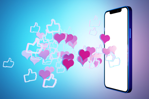 3D εικόνα mock up ενός σύγχρονου smartphone σε μια λευκή οθόνη με ροζ και κόκκινες καρδιές σε ένα μπλε απομονωμένο φόντο. Εικονογράφηση του διαλόγου, συνομιλία των εραστών. Σύμβολο διαπραγμάτευσης και αγάπης - Φωτογραφία, εικόνα