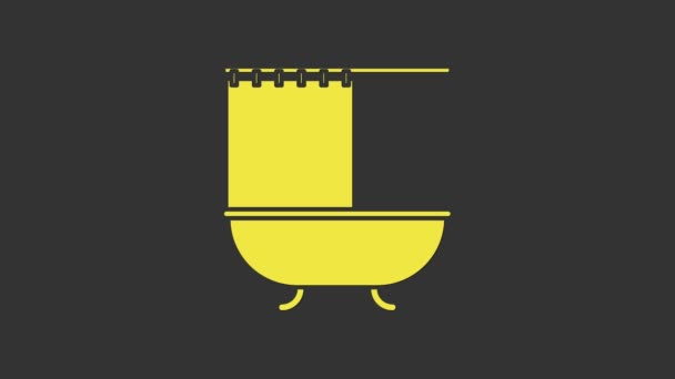 Sárga fürdőkád nyitott zuhanyfüggöny ikon elszigetelt szürke háttérrel. 4K Videó mozgás grafikus animáció - Felvétel, videó