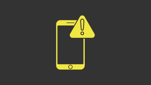 Cellulare giallo con icona del punto esclamativo isolato su sfondo grigio. Messaggio di avviso notifica smartphone. Animazione grafica 4K Video motion - Filmati, video