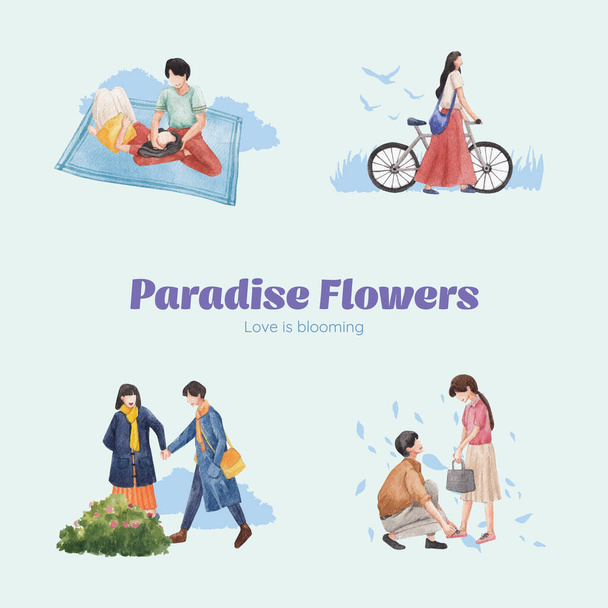 Blumenstrauß mit Paradies Liebe Konzept Design Aquarell Vektor Illustration - Vektor, Bild