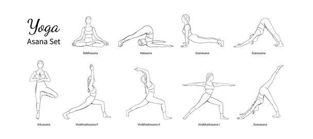 Yoga set with asana names. Set of woman exercising yoga illustrations. Vector illustration - Вектор, зображення