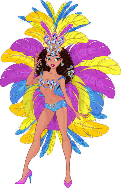 cartoon karakter van mooie samba meisje in decoratieve heldere kostuum geïsoleerd op witte achtergrond - Vector, afbeelding