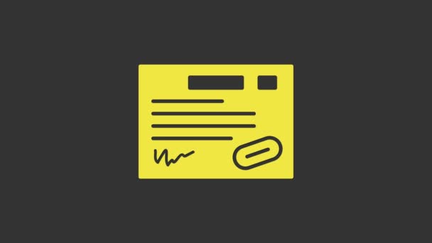 Icône de modèle de certificat de garantie jaune isolée sur fond gris. Animation graphique de mouvement vidéo 4K - Séquence, vidéo