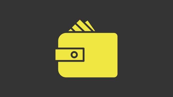 Žlutá peněženka s zásobníky papírové peníze hotovost ikona izolované na šedém pozadí. Ikona kabelky. Symbol peněžních úspor. Grafická animace pohybu videa 4K - Záběry, video