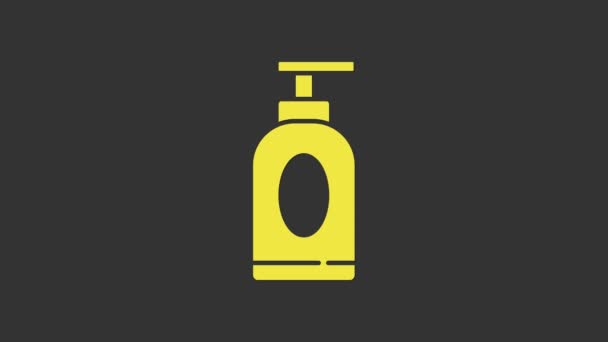 Icono de tubo cosmético de crema amarilla o loción aislado sobre fondo gris. Productos para el cuidado del cuerpo para hombres. Animación gráfica de vídeo 4K - Metraje, vídeo
