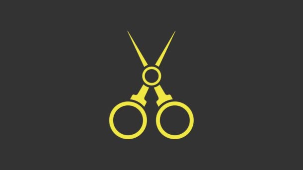 Tijeras amarillas icono de peluquería aislado sobre fondo gris. Peluquería, salón de moda y letrero de barbero. Símbolo de barbería. Animación gráfica de vídeo 4K - Imágenes, Vídeo