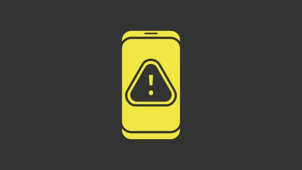 Teléfono móvil amarillo con icono de signo de exclamación aislado sobre fondo gris. Mensaje de alerta notificación del teléfono inteligente. Animación gráfica de vídeo 4K - Metraje, vídeo