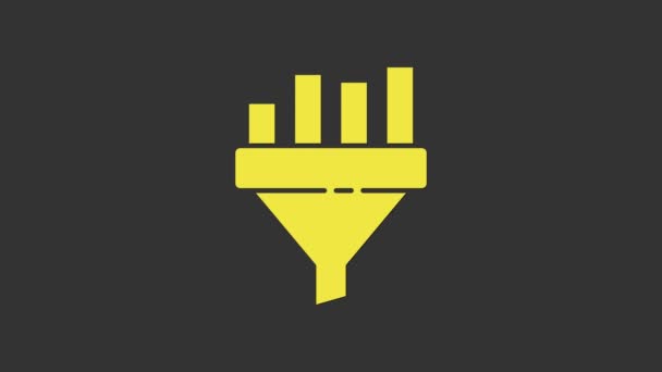 Žlutá prodejní trychtýř s grafem pro marketing a spuštění obchodní ikony izolované na šedém pozadí. Infografická šablona. Grafická animace pohybu videa 4K - Záběry, video