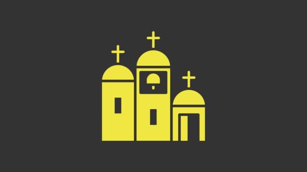 Icono del edificio de la iglesia amarilla aislado sobre fondo gris. Iglesia Cristiana. Religión de la iglesia. Animación gráfica de vídeo 4K - Metraje, vídeo