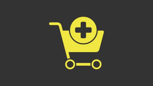 黄色灰色の背景にあるショッピングカートのアイコンに追加します。オンライン購入の概念。配送サービスの看板。スーパーマーケットバスケットのシンボル。4Kビデオモーショングラフィックアニメーション - 映像、動画