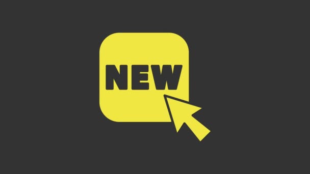 Желтая кнопка с надписью Новая иконка выделена на сером фоне. Значок по цене. Акция скидка. Видеографическая анимация 4K - Кадры, видео