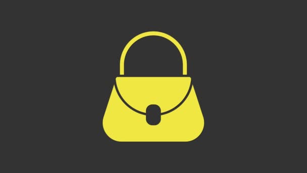 グレーの背景に黄色のハンドバッグアイコンを隔離。女性のハンドバッグのサイン。グラマラスカジュアルな手荷物記号。4Kビデオモーショングラフィックアニメーション - 映像、動画