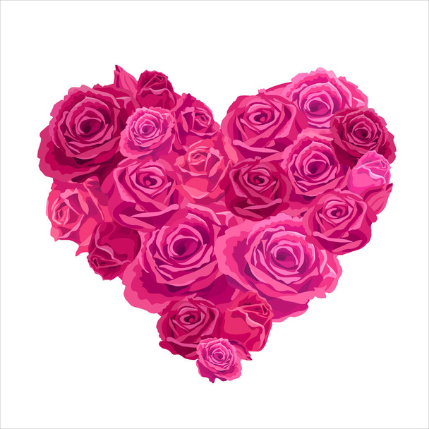 Bouquet en forme de coeur avec des roses. Illustration vectorielle, cartes avec de belles fleurs. Coeur avec fleurs roses roses, concept, décoration pour la Saint Valentin heureux. Fond blanc, objet isolé - Vecteur, image