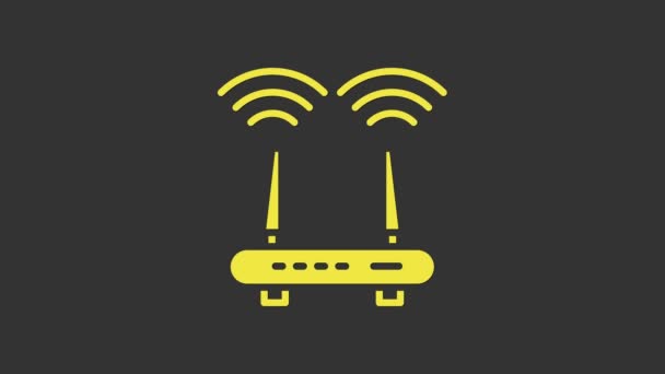 Sarı Yönlendirici ve Wi-Fi sinyal simgesi gri arkaplanda izole edildi. Kablosuz ethernet modem yönlendirici. Bilgisayar teknolojisi interneti. 4K Video hareketli grafik canlandırması - Video, Çekim