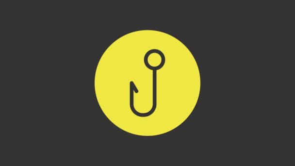 Žlutý rybářský hák ikona izolované na šedém pozadí. Rybářské náčiní. Grafická animace pohybu videa 4K - Záběry, video