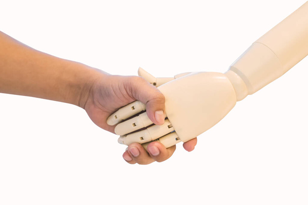 man hand  handshake with cy-ber robot isolated on white background. - Foto, Bild