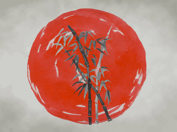 Japan traditional sumi-e painting. Fuji mountain, sakura, sunset. Japan sun. Indian ink illustration. Japanese picture on rice paper. Vector drawing. - Вектор, зображення